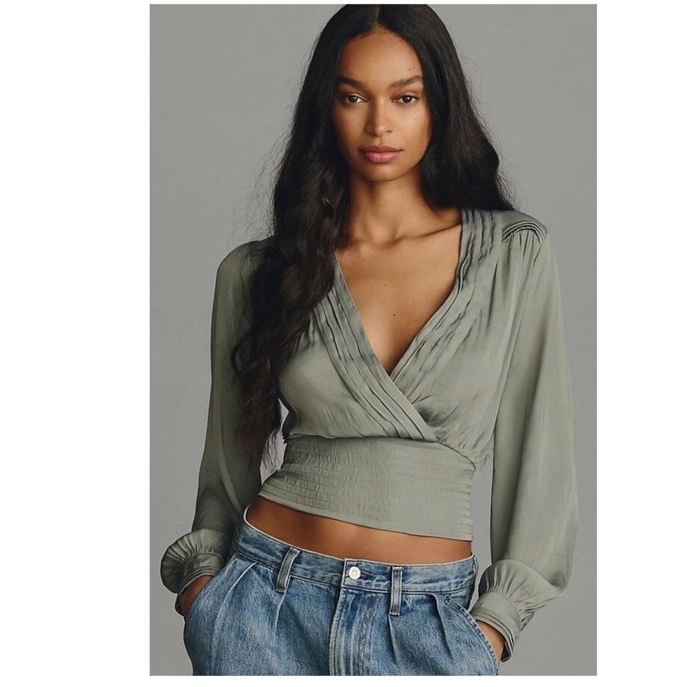 Anthropologie Smocked Waist Surplice Blouse Sage Green Long Sleeve Tie Back S